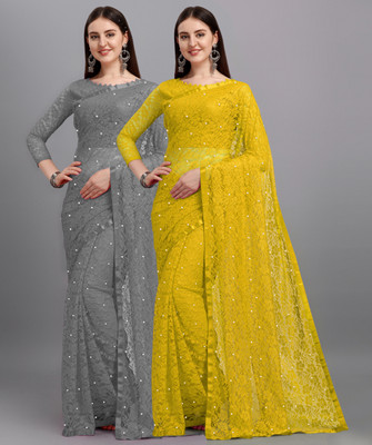 LOROFY Self Design Bollywood Net Saree(Pack of 2, Multicolor)