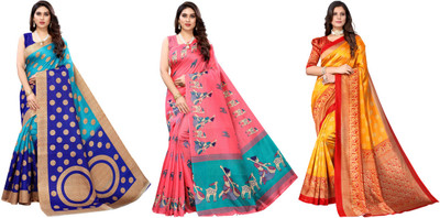ANIRAV Printed Kanjivaram Art Silk Saree(Pack of 3, Blue, Pink, Yellow)