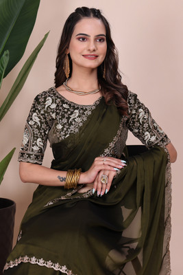 K 5 FASHION Embroidered Bollywood Chiffon Saree(Light Green)