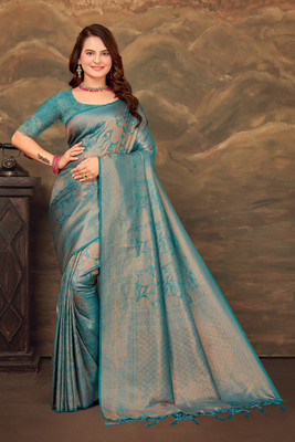 Go4Fashion Self Design Banarasi Silk Blend Saree(Mustard, Green)