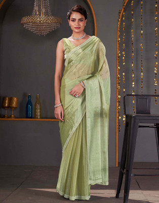 Samah Embroidered, Embellished Bollywood Jimmy choo, Chiffon Saree(Green)
