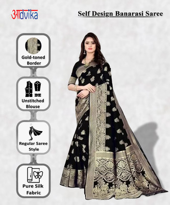 Aadvika Self Design Banarasi Cotton Blend, Pure Silk Saree(Black)