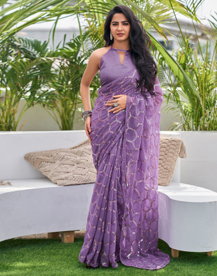 Satrani Dyed, Embellished, Embroidered Bollywood Georgette Saree(Purple)