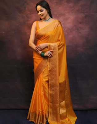 Samah Woven, Embellished Banarasi Silk Blend, Jacquard Saree(Yellow, Gold)