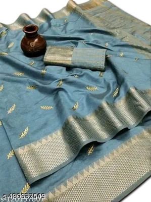 GOGAJI COLLECTION Self Design Assam Silk Cotton Silk Saree(Blue)