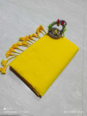 MA TARA TEXTILES ROHIT Solid/Plain Bollywood Chanderi Saree(Yellow)