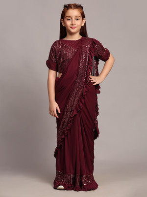 VRAJTEX FAB Solid/Plain, Embellished Bollywood Lycra Blend Saree(Maroon)