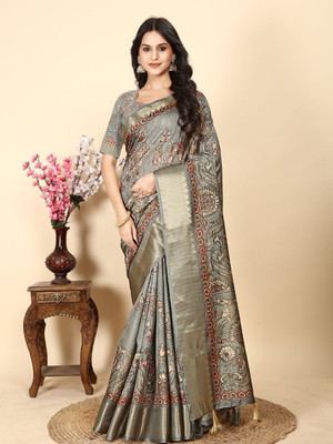 J6 Designers Applique Assam Silk Art Silk Saree(Brown)