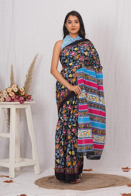 DASTKARPRINT Printed Daily Wear Pure Cotton Saree(Black)