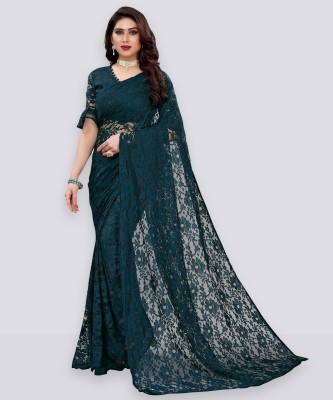 Samah Embellished, Dyed, Solid/Plain Bollywood Net Saree(Dark Green)