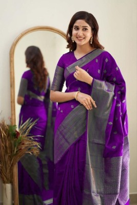 HouseOfCommon Embroidered, Self Design, Woven, Printed, Temple Border, Striped Bollywood Jacquard, Cotton Silk Saree(Purple)