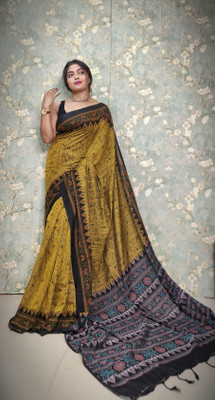 maadurga Printed Sambalpuri Cotton Blend Saree(Yellow)