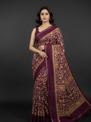 Sonika Fashions Printed Kalamkari Cotton Silk Saree(Purple)