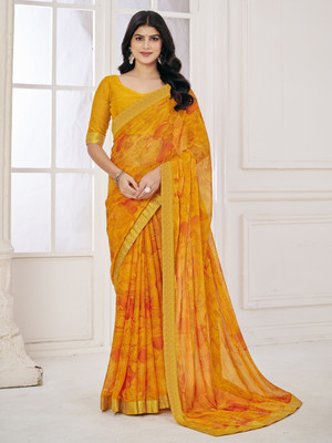 Divastri Floral Print Bollywood Chiffon Saree(Yellow)