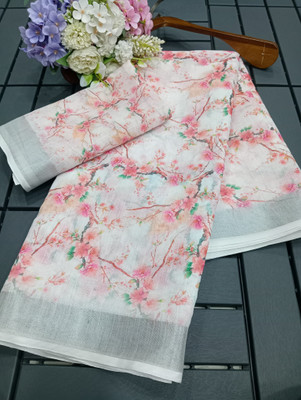 Mervadiya Digital Print Daily Wear Linen, Cotton Linen Saree(White)