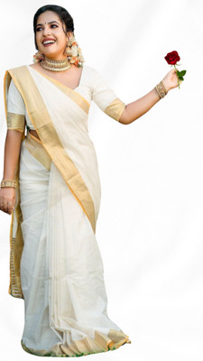 ShriSaree Striped Bollywood Pure Cotton Saree(White)