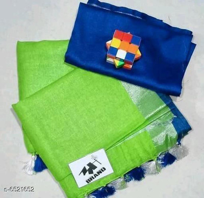 govind handloom Solid/Plain Bollywood Cotton Silk Saree(Green)