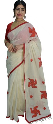 KheyaliBoutique Applique Tant Pure Cotton Saree(White)