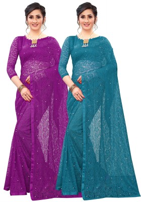 LOROFY Self Design Bollywood Net Saree(Pack of 2, Multicolor)