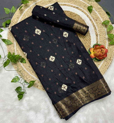 RegalDrapes Printed Ikkat Jacquard, Silk Blend Saree(Black)