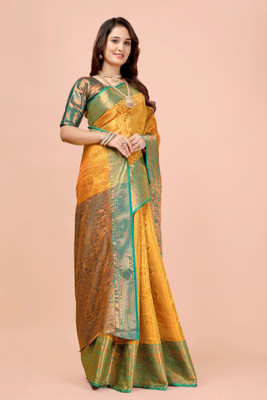 jayant creation Woven Banarasi Silk Blend, Jacquard Saree(Yellow)