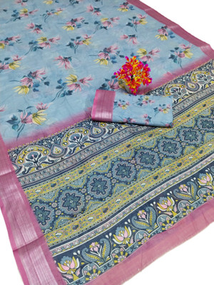 HouseOfCommon Woven Kanjivaram Pure Cotton, Cotton Silk Saree(Light Blue, Pink)