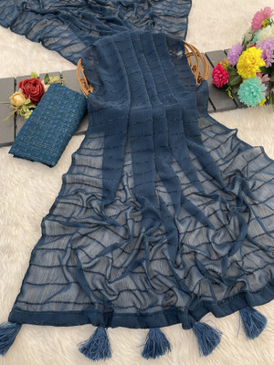 SDGRATITUDE Self Design Daily Wear Chiffon Saree(Dark Blue)