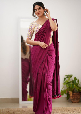 Maku Solid/Plain Handloom Pure Cotton Saree(Pink)