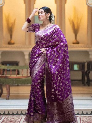 MUKHITA Printed Kanjivaram Silk Blend Saree(Purple)