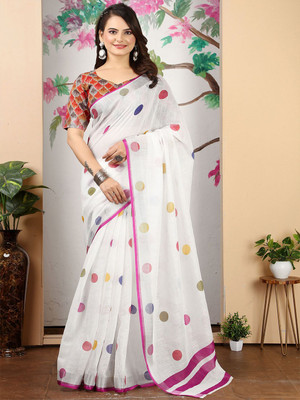 ANOUK Printed Saree with Attached Blouse Linen Saree(White)