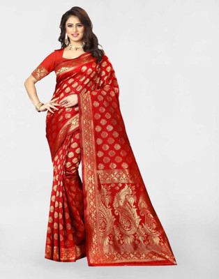Samah Woven, Embellished, Self Design Banarasi Silk Blend, Jacquard Saree(Red, Gold)