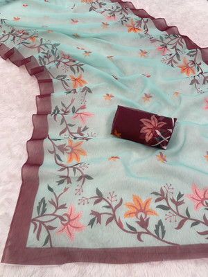 Pemal Designer Digital Print Bollywood Organza Saree(Light Blue)