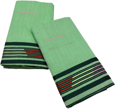 kamdar Striped, Woven Mekhela Chador Cotton Blend Saree(Green)