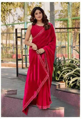 HARIOM CREATION Solid/Plain, Self Design, Geometric Print, Paisley Saree with Attached Blouse Satin Saree(Red)