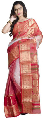 Akash Enterprise Self Design Handloom Handloom Tussar Silk Saree(White)