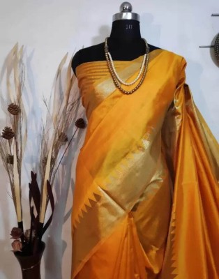 kunal enterprise Self Design, Temple Border, Woven Assam Silk Cotton Silk, Cotton Blend Saree(Yellow)