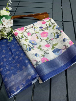 HangerStories Printed Kanjivaram Linen, Cotton Linen Saree(Dark Blue)