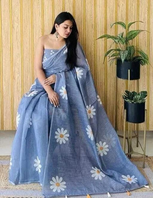 Shubharam Floral Print, Printed Bollywood Linen, Cotton Blend Saree(Light Blue)