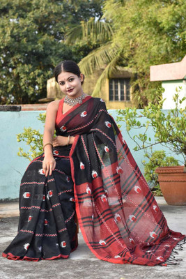 Joyguru Textile Self Design Handloom Cotton Blend Saree(Black)