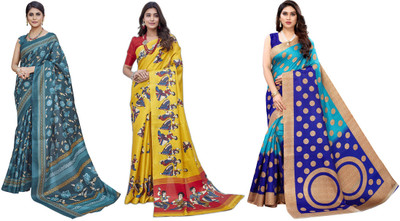 YASHIKA Printed Kasavu Art Silk Saree(Pack of 3, Blue, Yellow)
