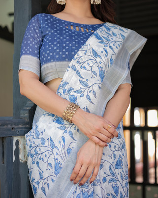 ALMAARI FASHION Printed Kanjivaram Cotton Linen Saree(White)