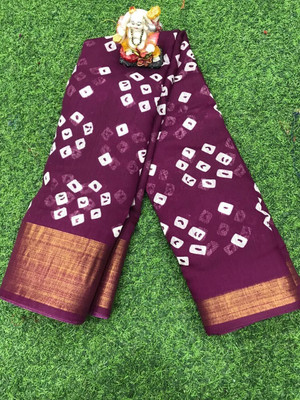khial Printed Bandhani Cotton Blend Saree(Purple)