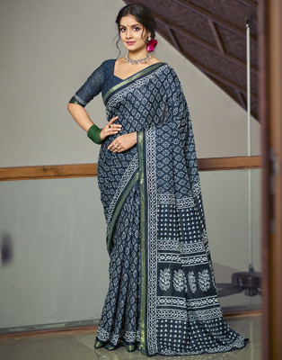 Satrani Blocked Printed, Printed Daily Wear Cotton Blend Saree(Blue)