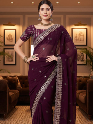 all about you Embellished Bollywood Georgette Saree(Purple)