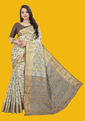 BLACKPETALS Printed Kanjivaram Cotton Silk Saree(Cream)
