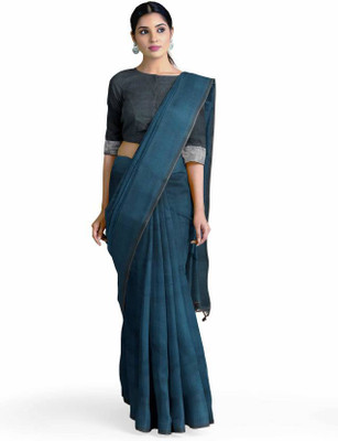 JHIILU Solid/Plain Handloom Cotton Blend Saree(Green)