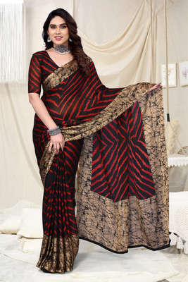 FABMORA Printed, Striped Leheria Chiffon, Georgette Saree(Red, Black)