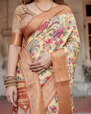 maharani couture Digital Print Kalamkari Cotton Silk Saree(Yellow)