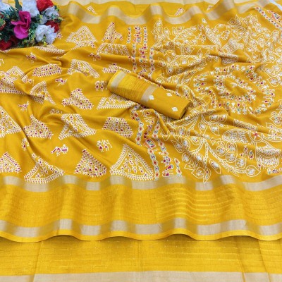 KANDORA Digital Print Bollywood Cotton Blend Saree(Yellow)