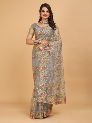 Crystallfashion Self Design Bollywood Net Saree(Grey)